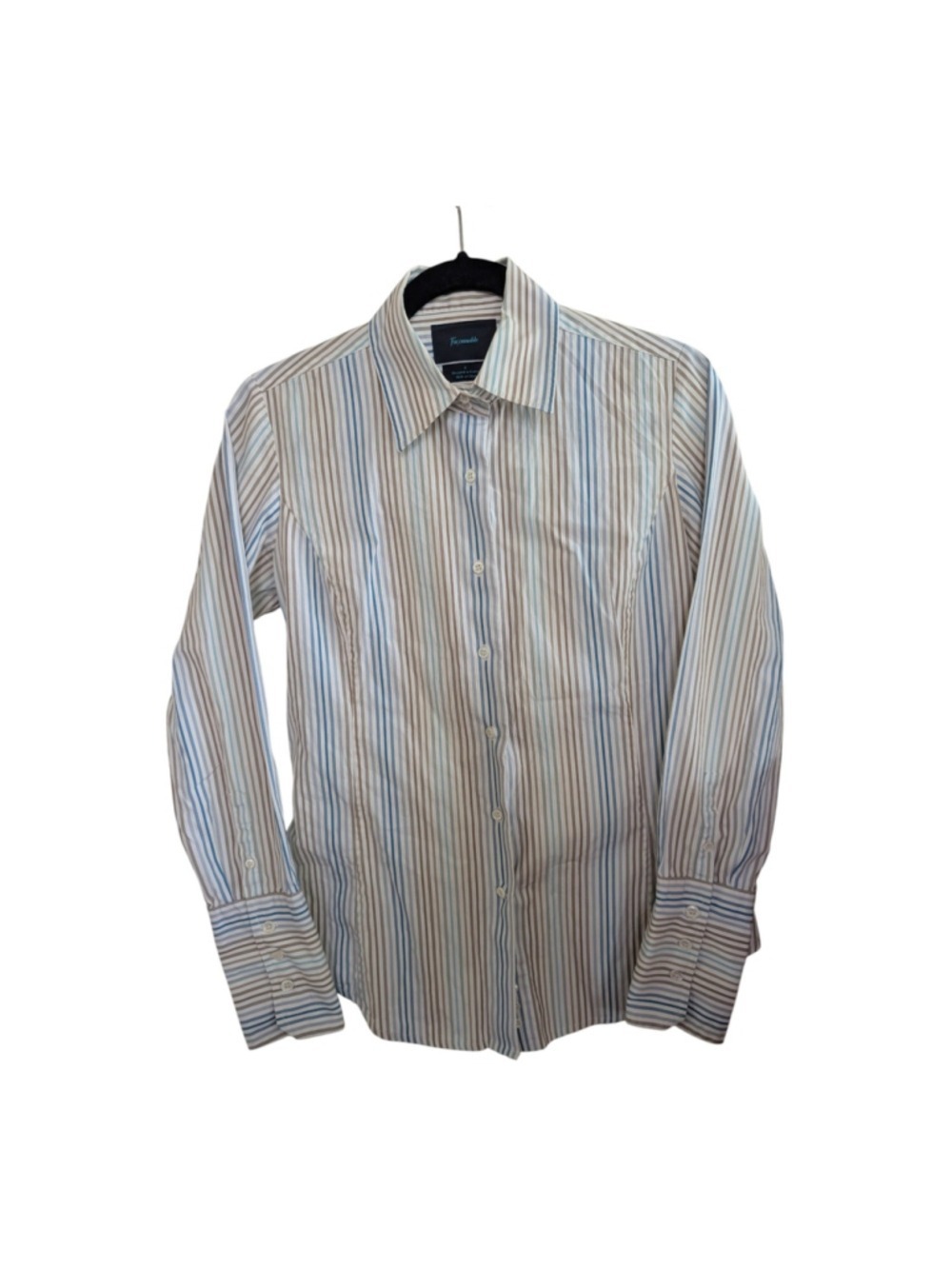 Faconnable Women's Cotton Button Up Shirt White Blue Brown Stripes Size 4 - Picture 2 of 12